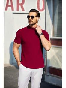 Mens Mock Turtleneck Sweater Short Sleeve Turtle Neck Sweaters Casual Ribbed Knitted Pullover Tops Solid Basic Tee - Đỏ sẫm - Xem 2