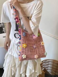 Dedoo Bohemian Style Women's Tote Bag, Large Capacity Open-Top Handbag, Beach Bag, Travel Accessory, Woven Texture, Suitable For Work, School, Beach, Crochet, Holiday (Flower Color/Position Random) (Strap Color/Pattern Random) - Pink - View 7