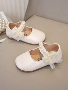 1 Pair Girls' New Fashion Elegant Minimalist Comfortable Pearl Lace Bow Decor Floral Trim Soft Flat Princess Shoes, Suitable For Dresses, Jeans, Home, Performance, Suitable For Spring, Summer, Autumn