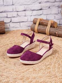 女士时尚休闲度假编织坡跟厚底凉鞋 - 紫色 - 查看 6