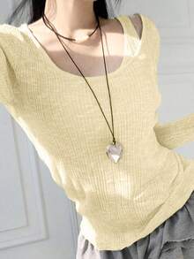 2025年秋季新款性感镂空设计二合一修身显瘦长袖上衣女 - 杏色 - 查看 4