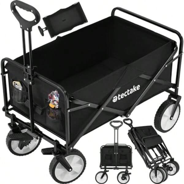 tectake® Carrello Pieghevole Leon con Freni Maniglia Telescopica Carrello con Ruote Portatutto Carrello Carrello da GiardiCarrello Portaoggetti Nero Nero