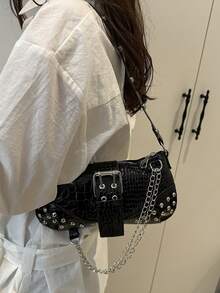 Niche Design Chain 2025 Latest Women Handbag Goth Style Rivet Underarm Bag Tote Shoulder Bag Solid Color Rivet Chain Shoulder Bag