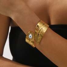 1pc Fashionable Stainless Steel Exaggerated Open Wide Bracelet With Tree Leaf & Eye Spring Clasp, Suitable For Women As Holiday Accessory