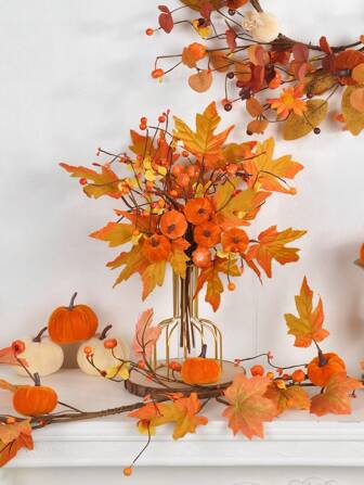 1 pieza/2 piezas/4 piezas Decoración otoñal artificial de hoja de arce, calabaza y rama falsa para interiores - Acción de Gracias, Navidad, Halloween, boda, familia, jardín, chimenea