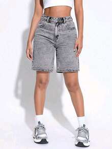 Quần short Bermuda cạp cao dành cho nữ, quần short denim dáng rộng thoải mái thời trang mùa hè. - Màu Xám nhạt - Xem 3