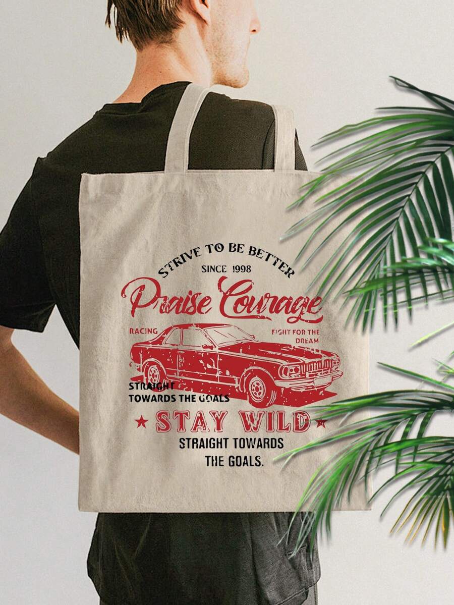 1 件米色帆布手提袋，印有汽车和字母图案，大容量帆布购物袋，耐用女士单肩包，户外旅行帆布包，适合日常通勤、海滩、度假 - 礼品袋 - 米色 - 查看 1