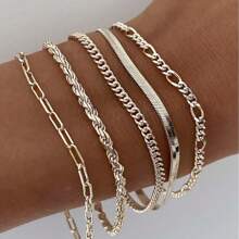 Set de 5 piezas de cadenas metálicas minimalistas de estilo bohemio europeo y americano hechas a mano, pulsera minimalista de multicapa apta para el uso diario de niñas