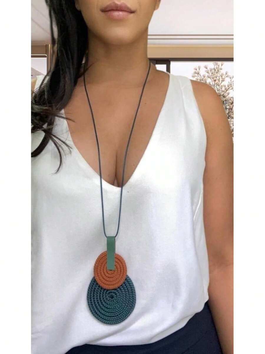 Women's Long Necklace Color Handmade Mandal Pendant - 4.Oil/Coral - View 1