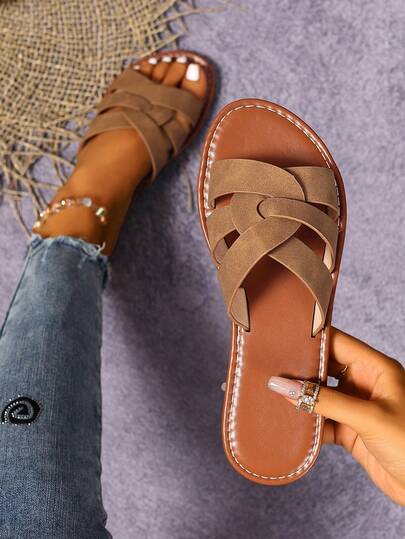 新款春夏H款女士拖鞋，时尚休闲罗马风格一脚蹬，黑色/米色/棕色平底，压花，时尚博主推荐，沙漠钥匙装饰，水钻厚底坡跟凉鞋，简约室内外人字拖，鳄鱼纹金属装饰平底凉鞋