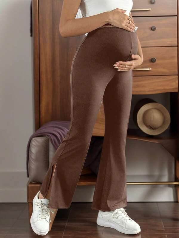 Maternity Solid Color Adjustable Waist Split Hem Fashion Casual Pants Sportswear Bottom
