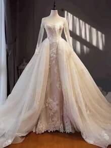 European And American Bride Net Tulle Removable Long Train Big Skirt Lace Applique Wedding Dress, Versatile Train Fall Clothes For Women - White - View 4