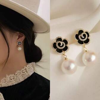 1 par de pendientes de aleación de zinc con camelias elegantes para mujer, adecuados para joyería, regalos festivos, atuendos de fiesta y uso diario