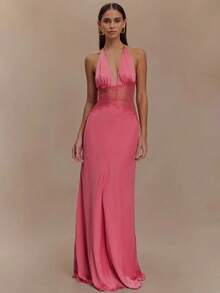 Mozision Summer Backless Sexy Maxi Dress Women Gown Patchwork Lace Halter Deep V Neck Sleeveless High Waist Elegant Long Dress - 粉色 - 查看 7