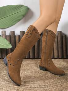 Botas vaqueras de estilo retro para mujer, de tacón grueso, a media pantorrilla, no sobre la rodilla - Marrón - Ver 2
