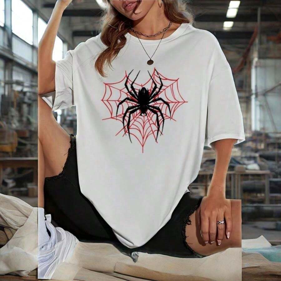 2025Big Black Spider Mans T Shirt Fitting Loose Tee Clothing Leisure Shoulder Drop T-Shirts Pleasure Cool Short Sleeved - 白色 - 查看 1