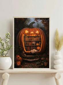 1 幅黑暗城堡趣味鬼魂阅读万圣节南瓜秋季海报帆布画墙艺术画家居装饰适用于客厅卧室浴室办公室和其他家居装饰，无框