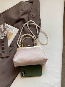 新款中国风民族风刺绣手提包，女士时尚夏季珍珠手拿包斜挎包 - 粉色 - 查看 8