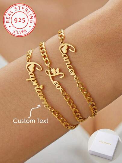 One Piece 925 Silver Customized Personalized English Name Bracelet, Exquisite Customized Gift, Christmas Gift, Birthday Gift For Her, Gift For Boyfriend, Girlfriend, Father, Mother, Family, Friends, Anniversary Gift, Birthday Gift, Graduation Gift, Prom Gift, Party Gift, Gold, Fashionable, Colorful, Vintage, Simplicity, Unisex, Casual, Cute, Customized, Personalized, Unique, Ideal Gift, Ideal Gift For Him.