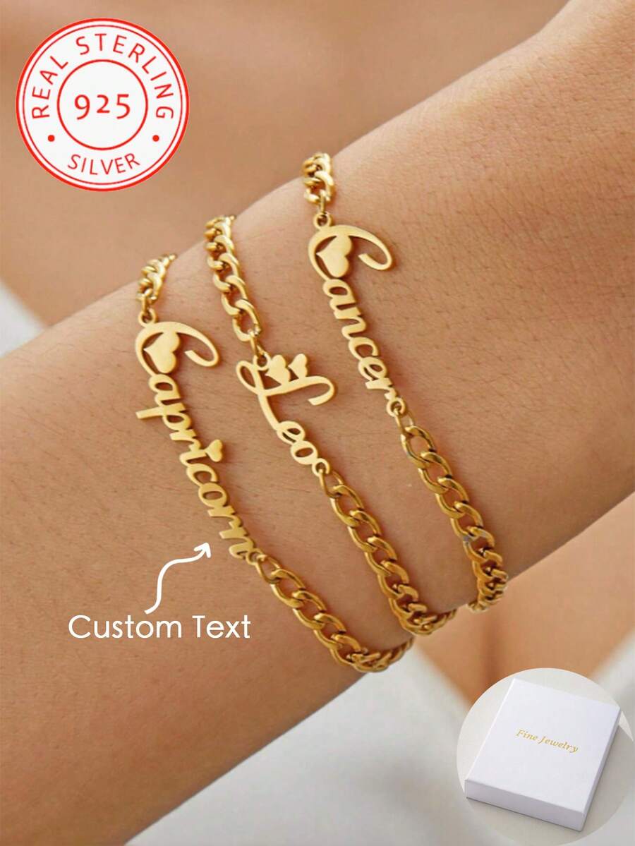One Piece 925 Silver Customized Personalized English Name Bracelet, Exquisite Customized Gift, Christmas Gift, Birthday Gift For Her, Gift For Boyfriend, Girlfriend, Father, Mother, Family, Friends, Anniversary Gift, Birthday Gift, Graduation Gift, Prom Gift, Party Gift, Gold, Fashionable, Colorful, Vintage, Simplicity, Unisex, Casual, Cute, Customized, Personalized, Unique, Ideal Gift, Ideal Gift For Him. - Multicolor - View 1