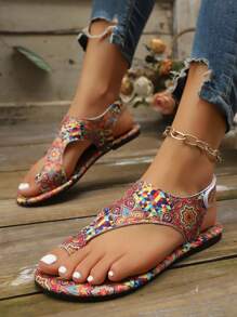 New Ladies Flat Shoes, Elegant Ladies Printed Casual Slippers, Fashion Beach Sandals, Slip Resistant Comfortable Bohemian Style