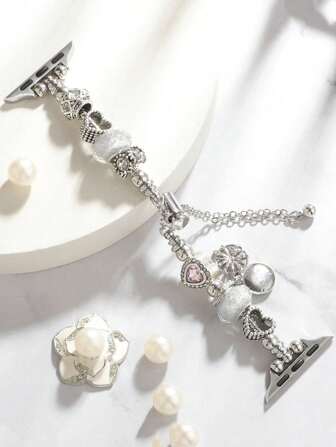 1個 ファッションアップルウォッチ バンド、かわいいハートのビーズスタイルブレスレット、アップルウォッチシリーズ10/9/8/7/SE/6/5/4 38mm 40mm 41mm 42mm 44mm 45mm 46mm 49mm対応、スマートウォッチバンド、彼女への贈り物、調整可能