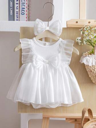 2pcs Newborn Baby Girls Fashionable Princess Mesh Sleeveless Bodysuit And Headband Set, Summer