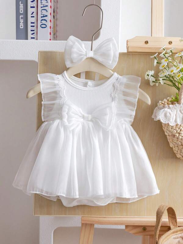 2pcs Newborn Baby Girls Fashionable Princess Mesh Sleeveless Romper And Headband Set, Summer