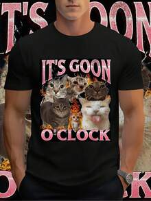 Men's Single Round Neck Short Sleeved Shirt With Quirky Cat Offset Printing Pattern, Suitable For Both Men And Women For All Seasons Casual And Versatile - 黑色 - 查看 5