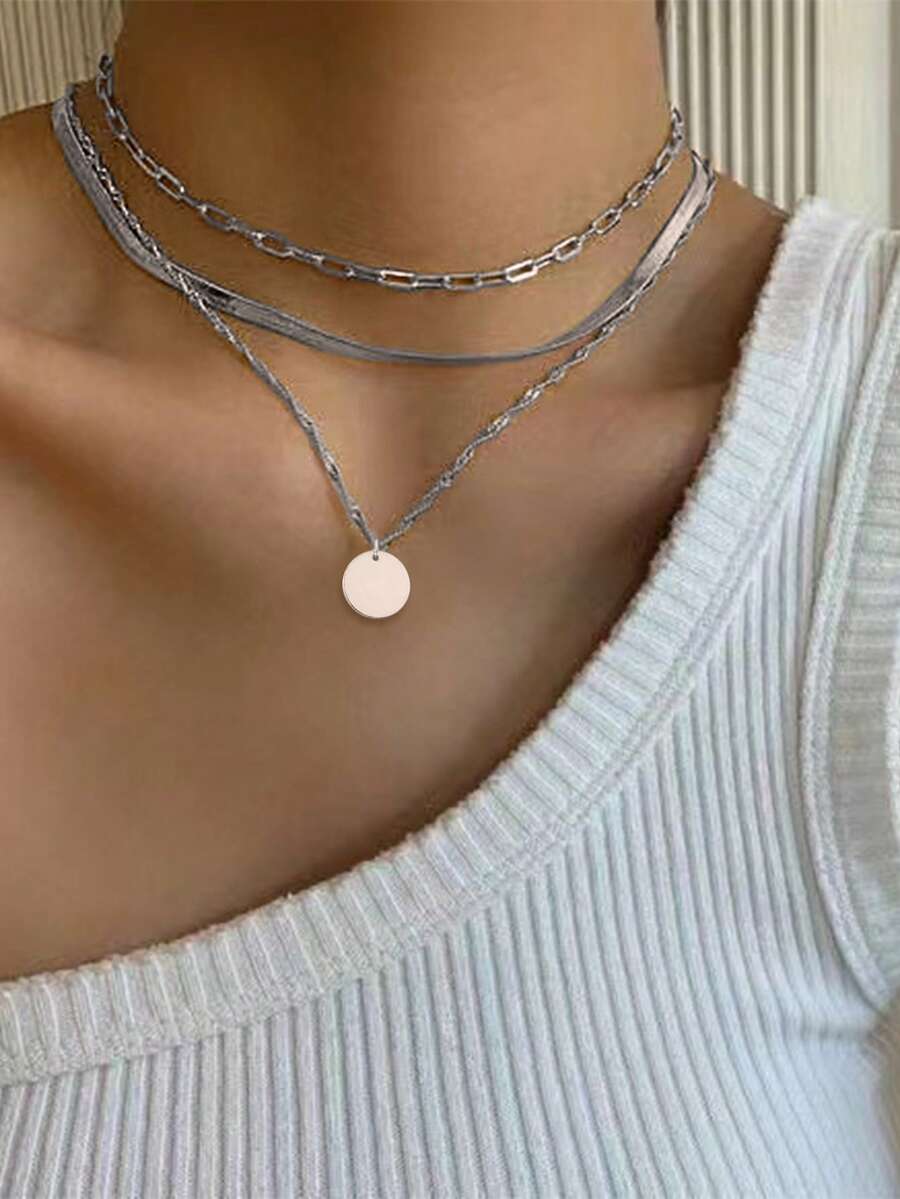 Set de 3 collares con colgante de círculos en capas y cierre cúbico, de acero inoxidable plateado, con una cantidad de enlaces de cadena aleatoria, apto para uso en fiestas y vacaciones de mujeres - Plateado - Ver 1