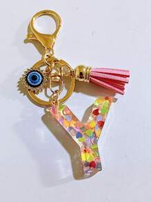 1 pieza Llavero con inicial de alfabeto, llavero de pompón de peluche lindo, accesorio colgante para bolso, mochila, coche, mujer y niña. Llavero de resina con lentejuelas, accesorios para billetera y bolso, llavero con borlas, inicial de alfabeto de la A a la Y, accesorios para coche, ideas de regalo de Navidad gótico y Y2K