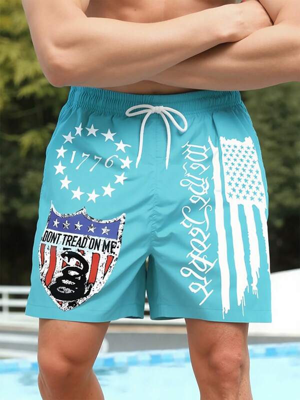 Men's Hawaiian Quick Dry Swim Trunks, Summer Beach Shorts For Vacation, Outdoor Sports, Vintage USA Flag Artwork 3D Digital Printing Pattern, Drawstring Elastic Waistband, Unlined, Suitable For Casual Wear And Holiday