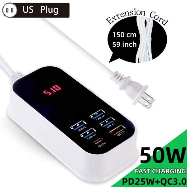 Real Total 50W Quick Charger Multi-Port Charger LED Display 150cm/59in Extension Cable PD25W Type-C QC 3.0 20W Fast Charging USB Wall Desktop Power Adapter US Plug Mobile Phones Travel Charger Compatible With IPhone 15 14 13 12 Pro Max Sam Sung Galaxy Xiao Mi Ipad
