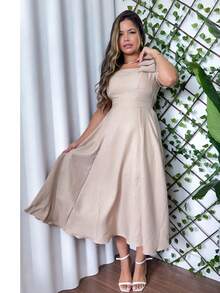 Short Sleeve Midi Dress Simple Linen Ruffle Hem Zipper Summer Wedding - 裸色 - 查看 5