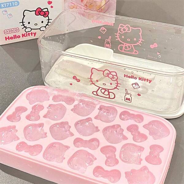 Sanrio (Authorized) 1PC Sanrio Hello Kitty Silicone Mold (Lid+Ice Tray)/4-Piece Set (Container+Ice Spoon) Ice Storage Container, With A Lid Silicone Ice Tray, Easy To Disassemble, Suitable For Summer Ice Boxes, Candy Chocolate Trays, Birthday Cake Decorations, Candy Chocolate Cupcake Decorations, And DIY Baking Tools