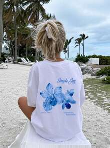 1 pièce T-shirt à grand imprimé floral pour fille - lavable en machine, t-shirt à motif floral, convient pour les voyages et les vacances des enfants, été