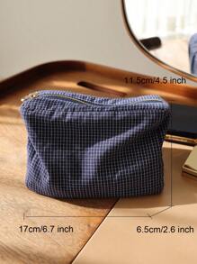 Japanese Style Plaid Stripe Fabric Cosmetic Bag, Multi-Function 3D Zipper Storage Pouch, Travel Portable Organizer Inner Bag Clutch Travel Essentials For Vacation Summer Holiday Back To School School Stuff Bag For School Travel Bag For Women Makeup Bag For Travel Supplies