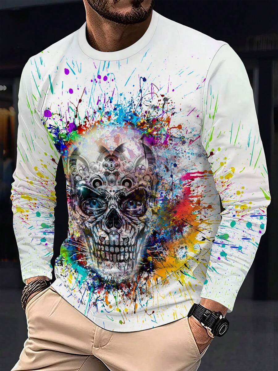 Men's 3D Printed Skull Graphic T-Shirt - Vibrant Colorful Streetwear Design, Breathable Regular Fit Round Neck, Machine Washable Casual Top, Cool Gift For Men, Streetstyle Clothing, Artistic Fashion, Comfortable Fabric, - Multicolor - View 1