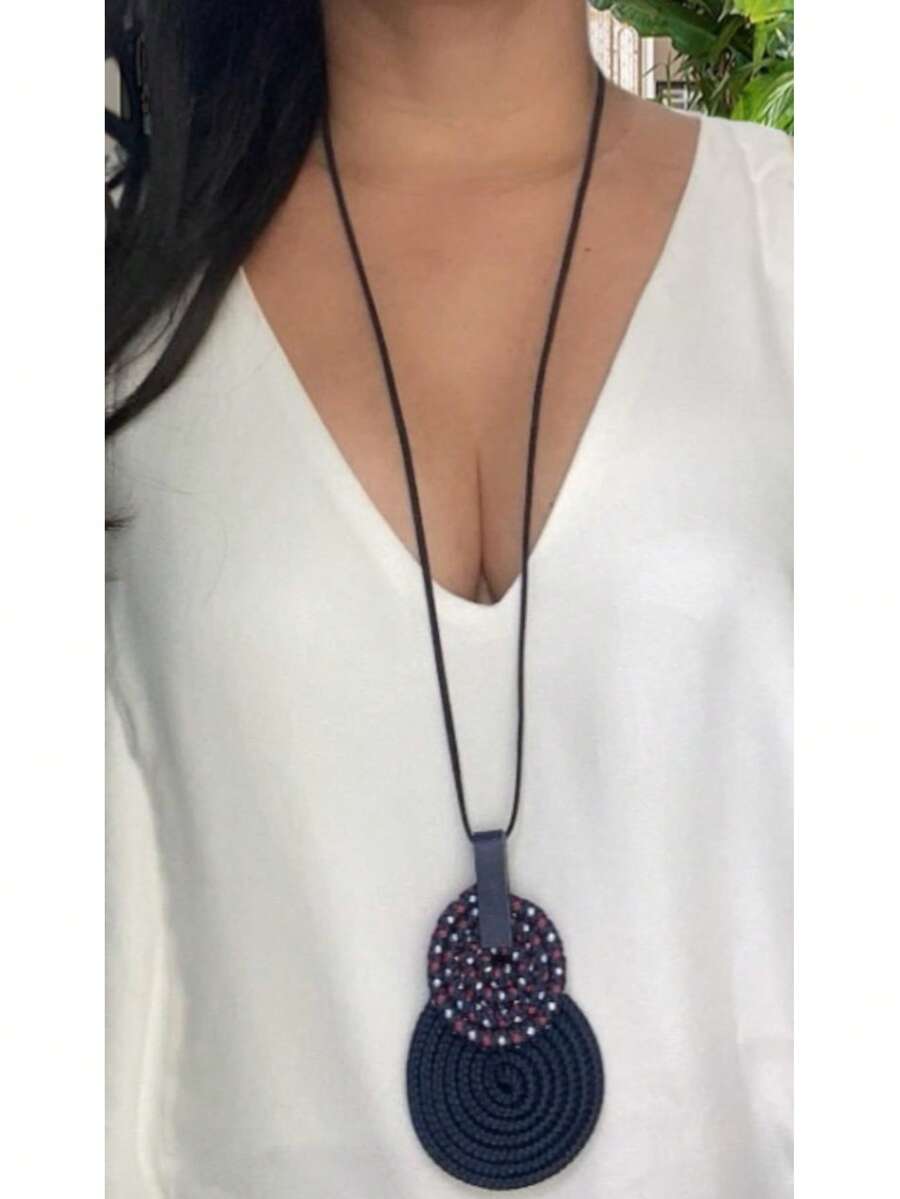 Women's Long Necklace Color Handmade Mandal Pendant - 38.海軍藍圓點顏色 - 查看 1