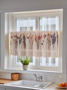 1 Pc Floral Print Rod-Pocket Cafe Curtain, Pastoral Flower Pattern Decorative Curtain, Suitable For Kitchen Cabinet, Bay Window, Door, Partition, Home Decor
