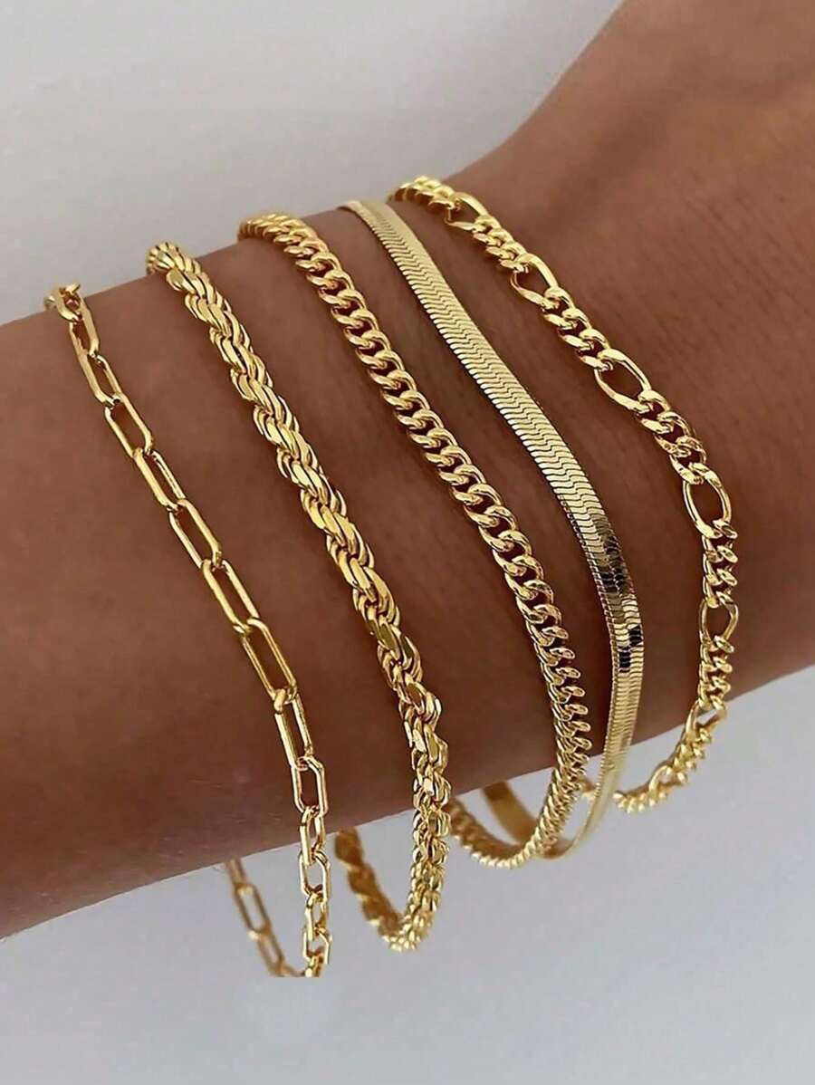 Set de 5 piezas de cadenas metálicas minimalistas de estilo bohemio europeo y americano hechas a mano, pulsera minimalista de multicapa apta para el uso diario de niñas