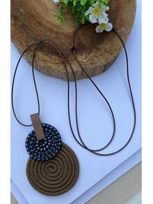 Women's Long Necklace Color Handmade Mandal Pendant - 16 山胡桃色/海軍藍圓點花紋 - 查看 2