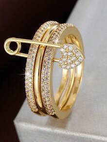 1pc Fashionable & Elegant Heart-Shaped Connected Triple-Ring Women's Ring Inlaid With Artificial Zirconia - Multicolor - View 8