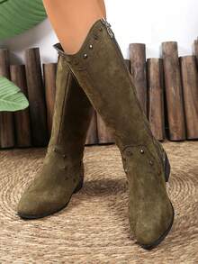 Bohemian Black Rivet Ankle Boots, New Round Toe Mid-Calf Women's Boots, Pleated Ruched Boots, Suede Western Cowboy Over-The-Knee Boots, Chunky Heel Side Zipper Boots