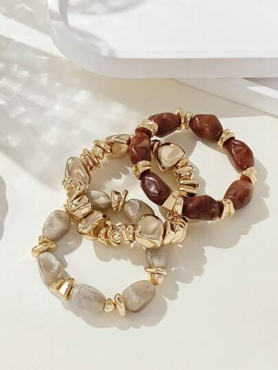 3pcs Vintage Bohemian Bracelet Set, Thick Multi-Layer Brown Acrylic Beaded Bracelets, For Women Men Party Daily Wear, Luxury High-End