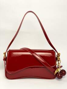 1 件女士 PU 皮革小方包，酒红色，多功能漆皮迷你钱包，Y2K 单肩包/腋下包/斜挎包，配有樱桃吊坠