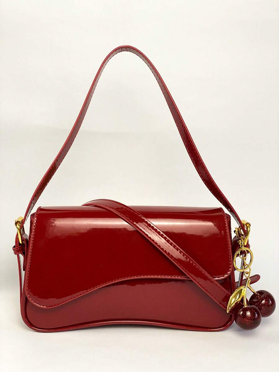 1 件女士 PU 皮革小方包，酒红色，多功能漆皮迷你钱包，Y2K 单肩包/腋下包/斜挎包，配有樱桃吊坠