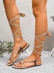 Damen Große Größen Sommer neue Mode Cross-Riemen Flach Slide Sandalen, bequeme Lässig Strand Pantoffeln - Khaki - Übersicht 3