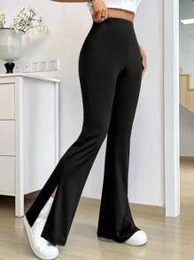 Damen Frühlings-/Sommerluffahose, einzigartige Seitenschlitz dünne Version Lange Hose, Yoga Leggings, hochhüftige eng anliegende Schlupfhose mit weitem Bein, schmale und dehnbare verkürzte Hose, markanter Schlitzsaum - einfarbig Schwarz, Polyester, Maschinenwäsche - vielseitig einsetzbare Schlaghose für alle Jahreszeiten