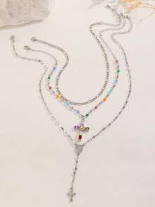 3pcs/Set Fashionable Colorful Beaded Cross Pendant Multi-Layer Y-Necklace, Suitable For Ladies Everyday Wear - Multicolor - View 8